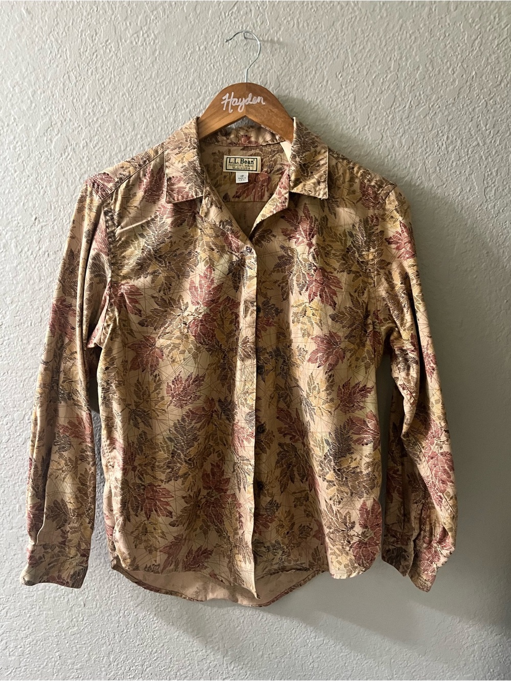 L.L. Bean Women’s Long-Sleeve Floral Button-Up Shirt in Beige